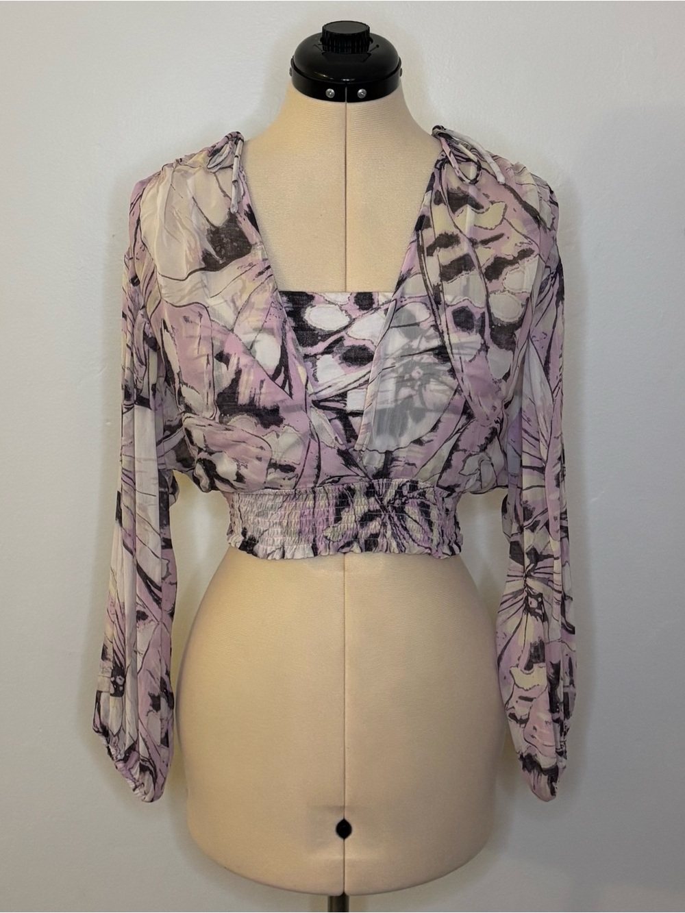 Anthropologie Sheer Peasant Blouse Top Purple Motif, 2 in 1 Attached Crop Top XS